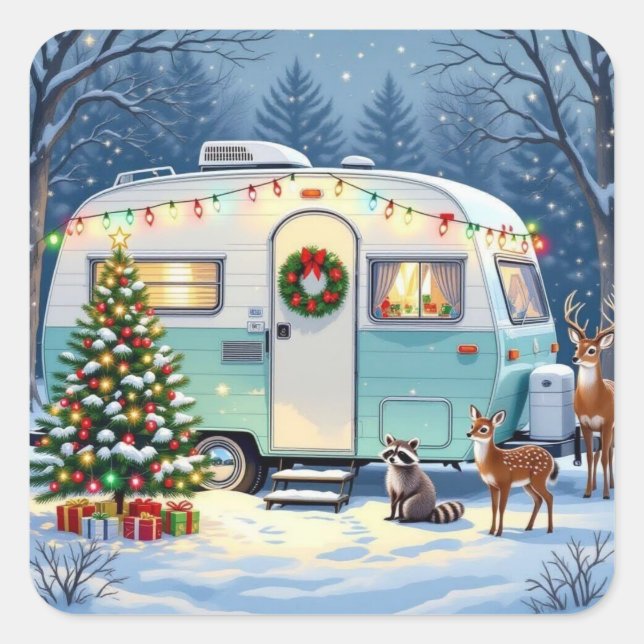 Sticker Carré Whimsical Woodland Creatures and Retro RV Camper (Devant)