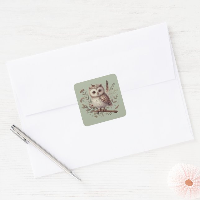 Sticker Carré Whimsical Woodland Owl Botanical Illustration (Enveloppe)
