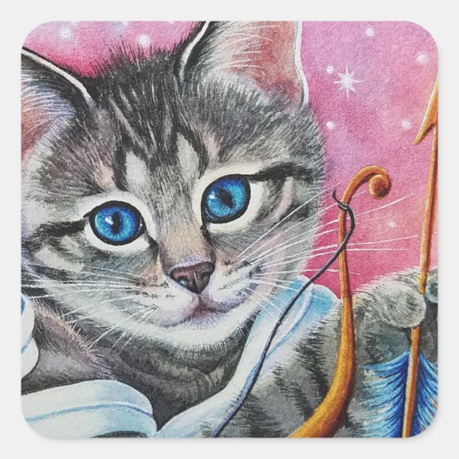 Sticker Carré Whimssical Cupid Tabby Kitty Chat Aquarelle Art (Devant)