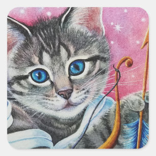 Sticker Carré Whimssical Cupid Tabby Kitty Chat Aquarelle Art
