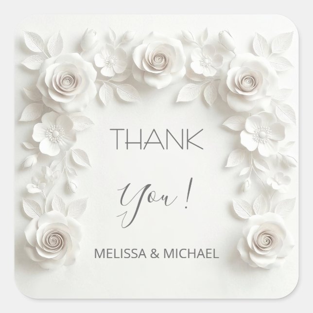 Sticker Carré White 3D Roses Wedding Thank You (Devant)