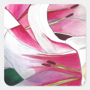 Sticker Carré White and Pink Lily flower watercolor original