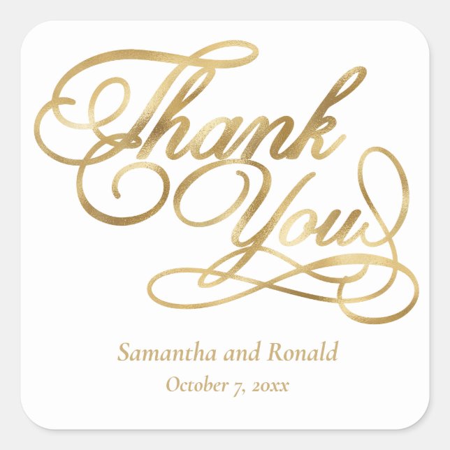Sticker Carré White & Gold Foil Thank You Calligraphy Wedding (Devant)