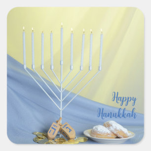 Sticker Carré White Menorah Gold pièces & Dreidels Happy Hanoukk