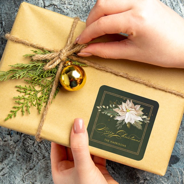 Sticker Carré White Poinsettia & Joyeuse calligraphie de Noël (Créateur téléchargé)