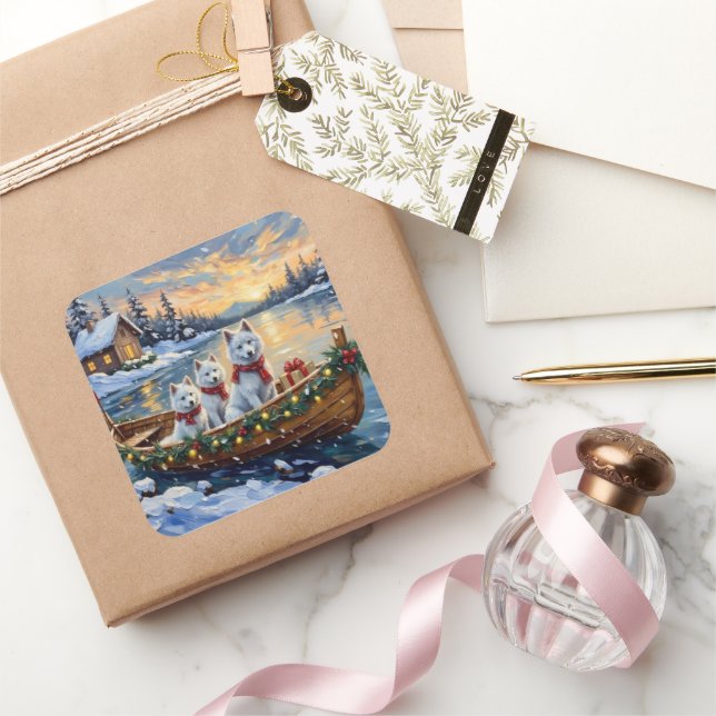 Sticker Carré White Samoyed Christmas Boat Holiday (Cadeaux)