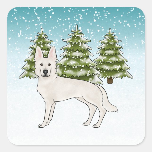Sticker Carré White Swiss Shepherd White GSD Chien Forêt d'hiver (Devant)