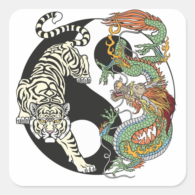 Sticker Carré White tiger versus green dragon in the yin yang (Devant)