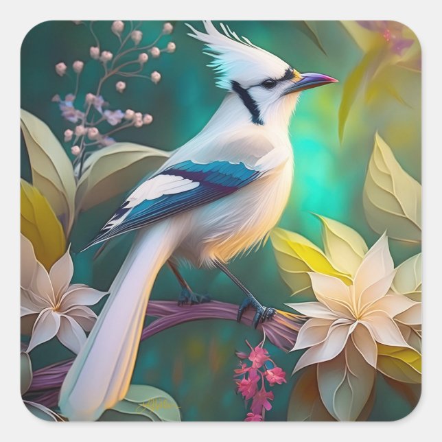 Sticker Carré White Tufé Turquoise Wing Jay Imaginaire Bird (Devant)
