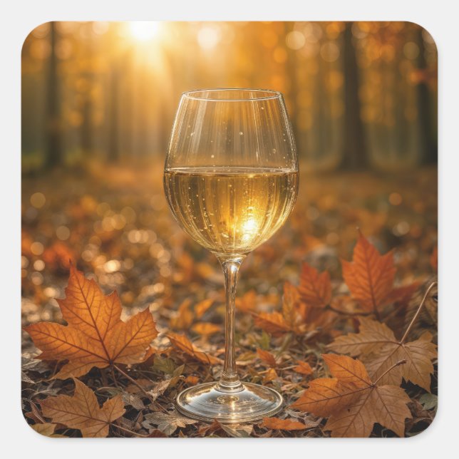 Sticker Carré White Wine Glass In Autumn Maple Leaves (Devant)