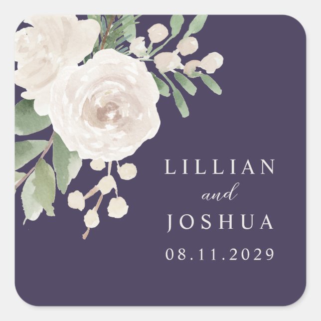 Sticker Carré White Winter Floral Purple Wedding (Devant)
