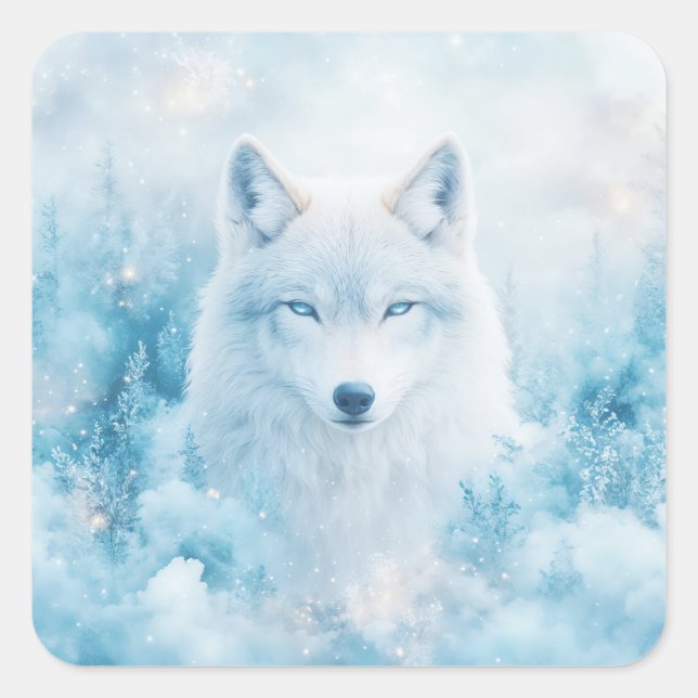 Sticker Carré White Wolf Portrait with Blue Eyes in Snowy Forest (Devant)