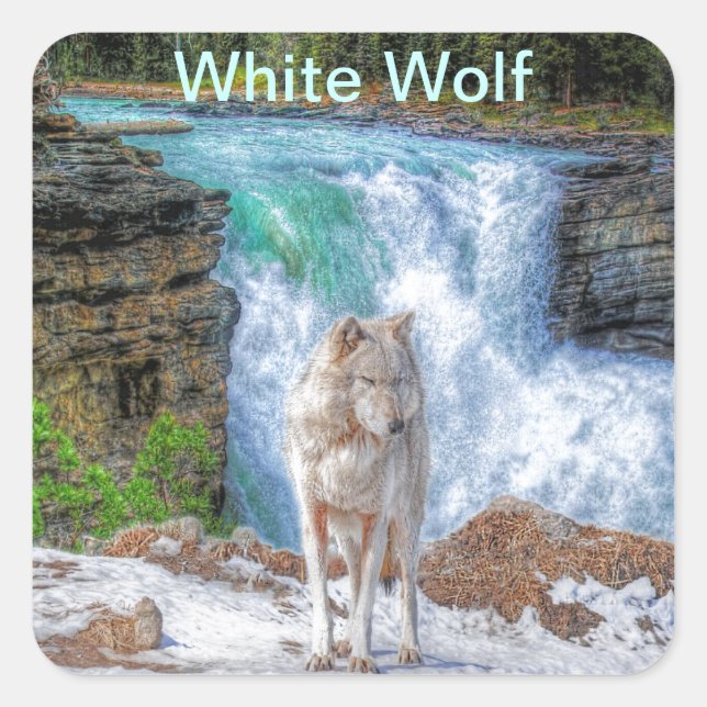 Sticker Carré White Wolf & Rocky Mountain Waterfall Wildlife Art (Devant)