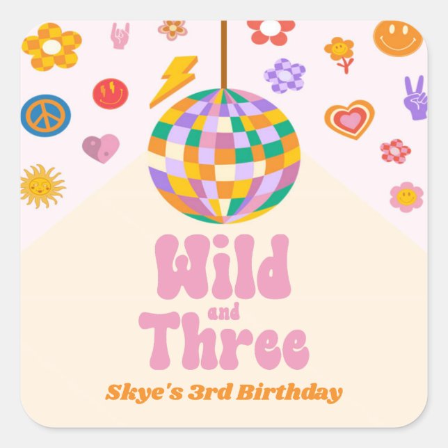 Sticker Carré Wild and Three Retro Disco Ball 3ème anniversaire (Devant)