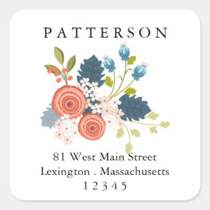 Sticker Carré Wild Blooms Floral Garden Adresse de retour Label
