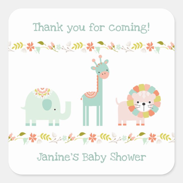 Sticker Carré Wild Boho animaux baby shower merci pour (Devant)