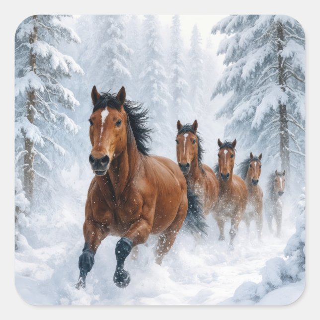 Sticker Carré Wild Horses Running Through a Snowy Forest (Devant)