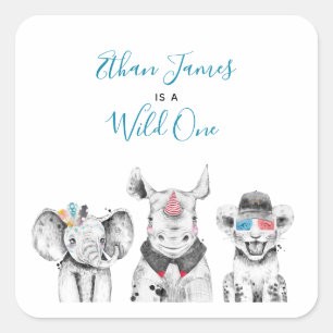 Sticker Carré Wild One Animal Safari Noir Blanc Bleu Anniversair