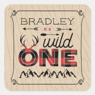Sticker Carré Wild One Boys Rustic Plaid Lumberjack 1er annivers