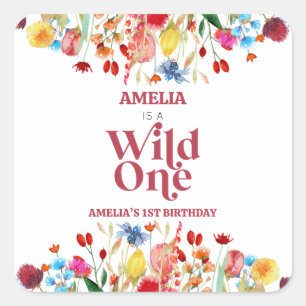 Sticker Carré Wild One Fleur sauvage 1er Anniversaire Fête Favor
