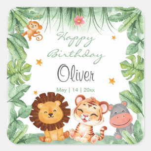 Sticker Carré Wild one Jungle Animaux Tropical Boy Anniversaire