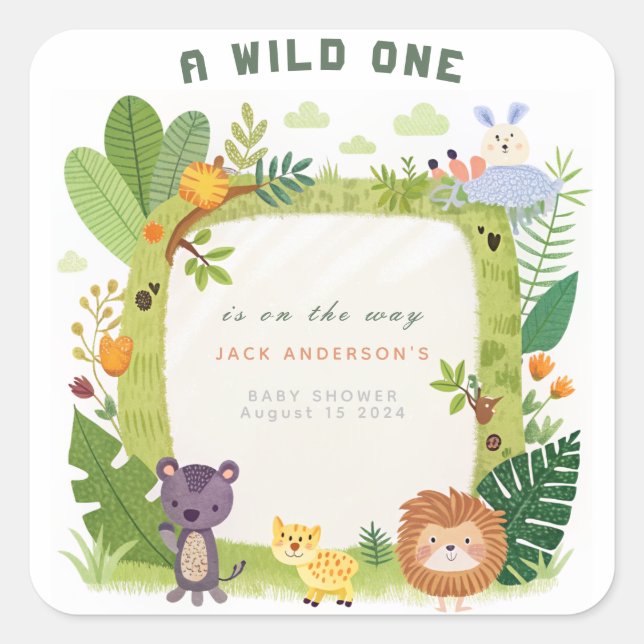 Sticker Carré Wild One Jungle Safari Green Baby Baby shower (Devant)