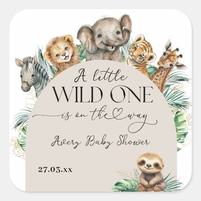 Sticker Carré Wild One Safari Animal Jungle Baby shower moderne (Devant)