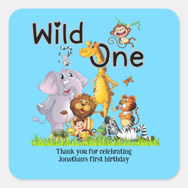 Sticker Carré Wild One Safari Animals 1st Birthday cartoon Invit (Devant)
