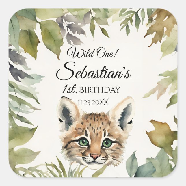 Sticker Carré Wild One Woodland Bobcat fête d'anniversaire (Devant)