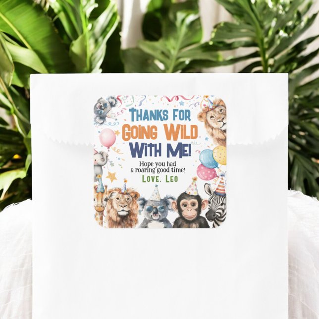 Sticker Carré Wild Party Animaux 1er anniversaire Safari Merci (Wild Party Animals 1st Birthday Safari Thanks Square Sticker)