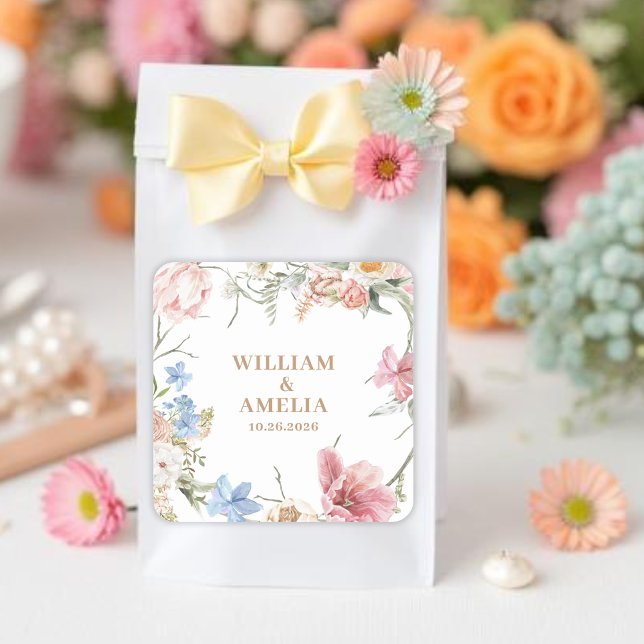 Sticker Carré Wildflowers Pastel Floral Garden Party  Wedding (Créateur téléchargé)