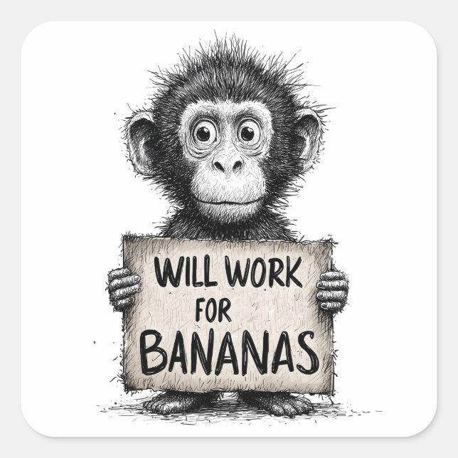 Sticker Carré Will Work for Bananas - Humorous Monkey Sketch (Devant)