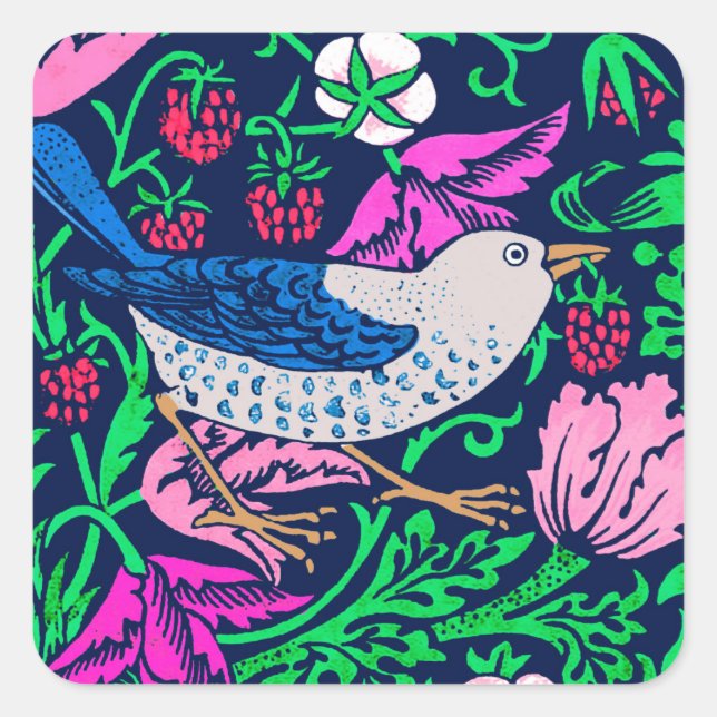 Sticker Carré William Morris Bird & Flower Tile, Navy & Fuchsia (Devant)