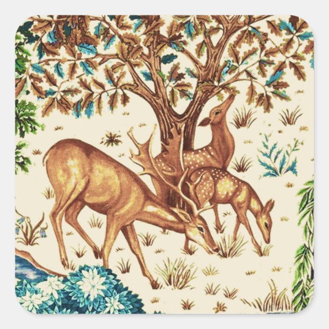 Sticker Carré William Morris Deer par une Tapisserie Brook Beige (Devant)