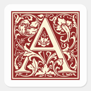 Sticker Carré William Morris Lettre A Monogramme Rouge initial