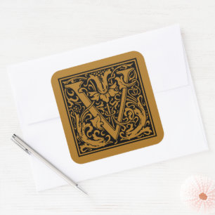 Sticker Carré William Morris Lettre Capitale V Mat Antique Or