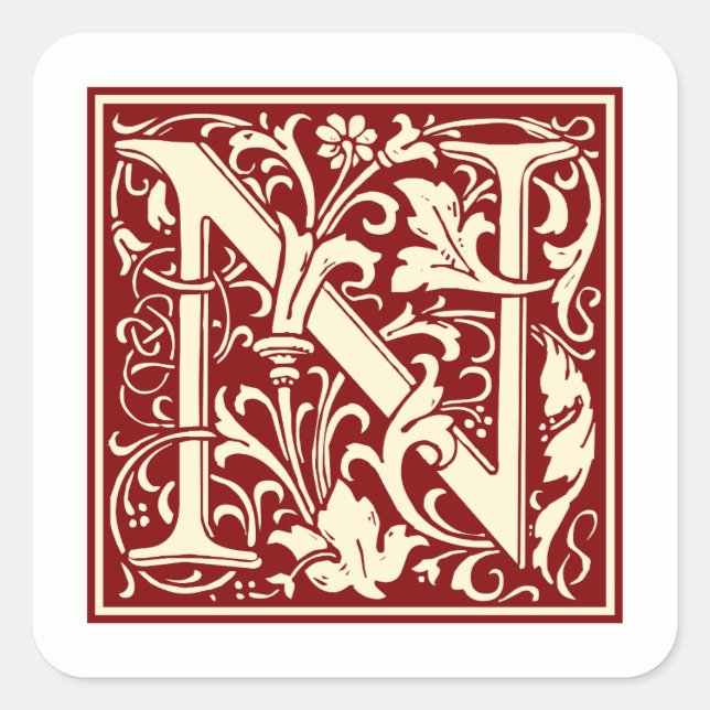 Sticker Carré William Morris Lettre N Monogramme Rouge initial (Devant)