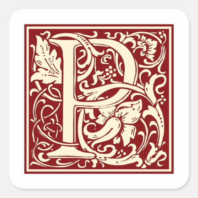 Sticker Carré William Morris Lettre P Monogramme Rouge initial (Devant)