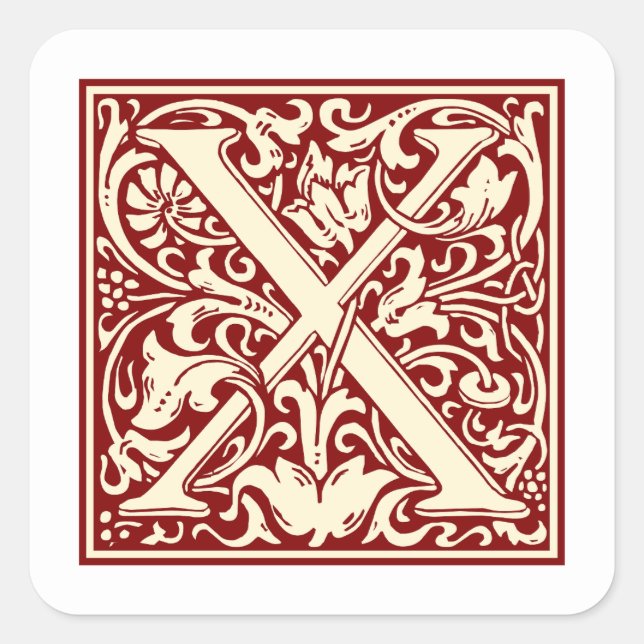Sticker Carré William Morris Lettre X Monogramme Rouge initial (Devant)