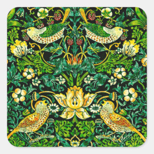 Sticker Carré William Morris Strawberry Thief Vert Et Orange