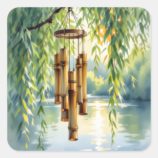Sticker Carré Willow plumant, Windchimes et lac