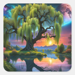 Sticker Carré Willow tree under Pleine lune N Starry ciel Sunset