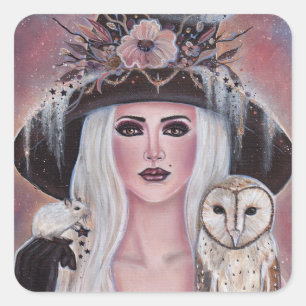 Sticker Carré Wilona Witch avec hibou et souris par Renee Lavoie