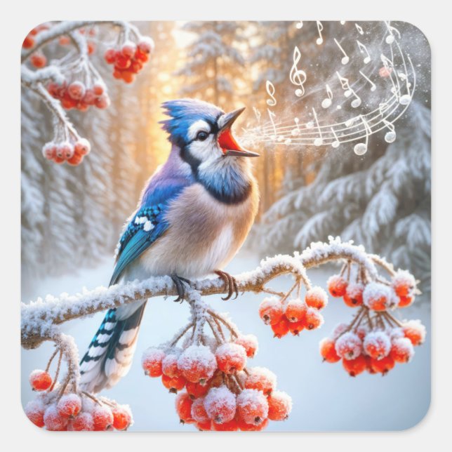 Sticker Carré Winter Blue Jay chantant sur un Berry Tree rouge (Devant)