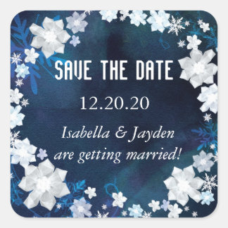 Sticker Carré Winter Glam Marine Blue Wedding Enregistrer la dat