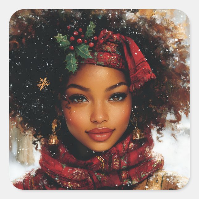 Sticker Carré Winter Glow Afrocentric Queen – Holiday Art (Devant)