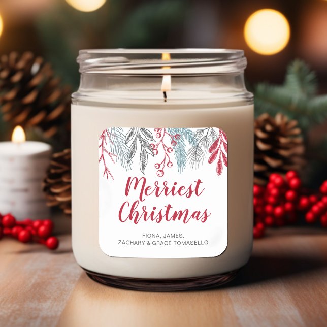 Sticker Carré Winter Greenery Red Script Joyeux Noël (Winter Greenery Red Script Merriest Christmas Square Sticker)