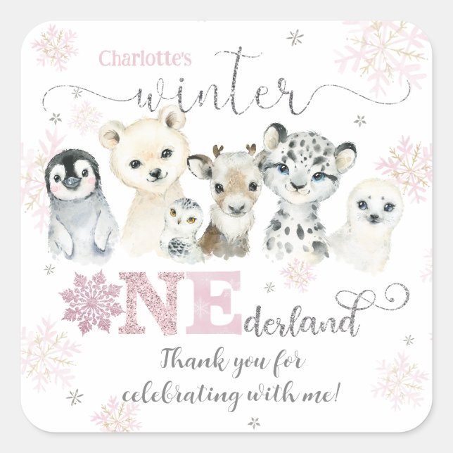 Sticker Carré Winter Onederland Arctic Animals Snow 1st Birthday (Devant)