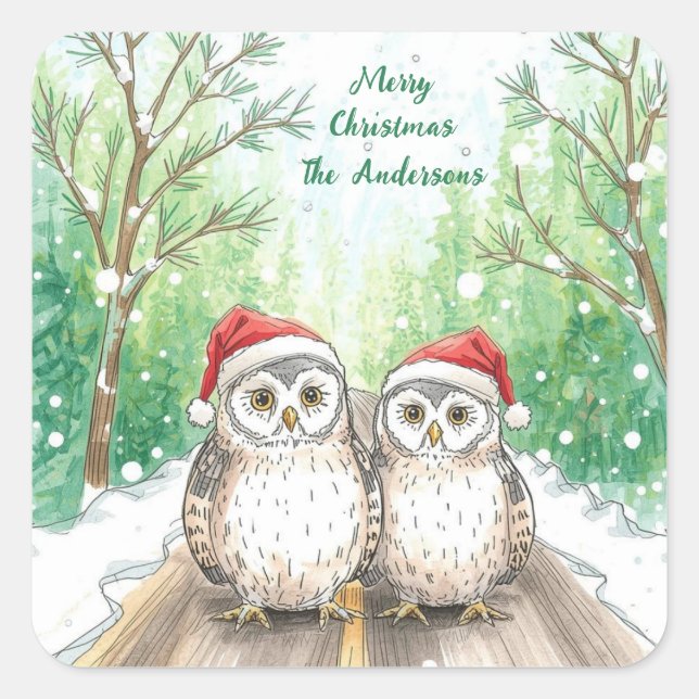 Sticker Carré Winter Owls on Snowy Sticker- Christmas  (Devant)
