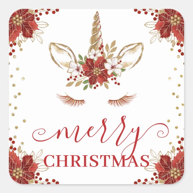 Sticker Carré Winter Poinsettia Unicorn Merry Christmas (Devant)